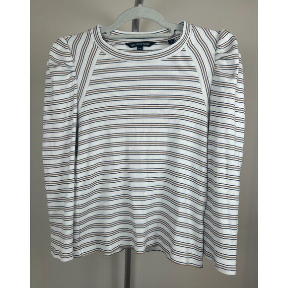Veronica Beard Delano Stripe Puff Shoulder Stretch Cotton Rib Top Long Sleeve M - Picture 1 of 5